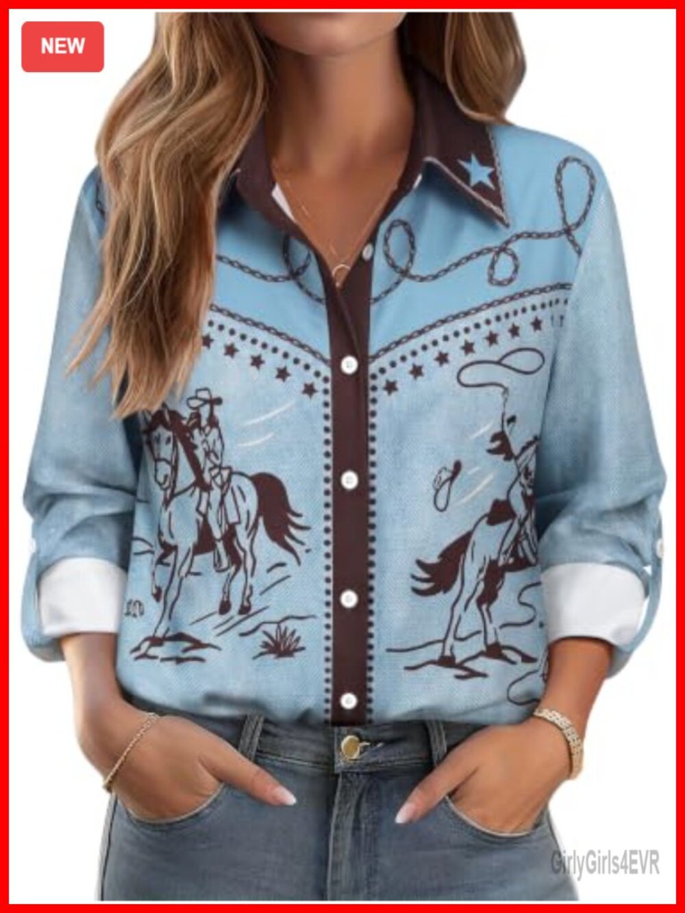 Western Cowgirl Rodeo Button Down Shirt Rolled 3/4 Sleeve Polyester